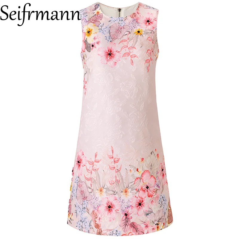 

Seifrmann 2026 Летнее женское платье: Новинка, модное, с круглым вырезом, без рукавов, с жаккардовым узором и бусинами