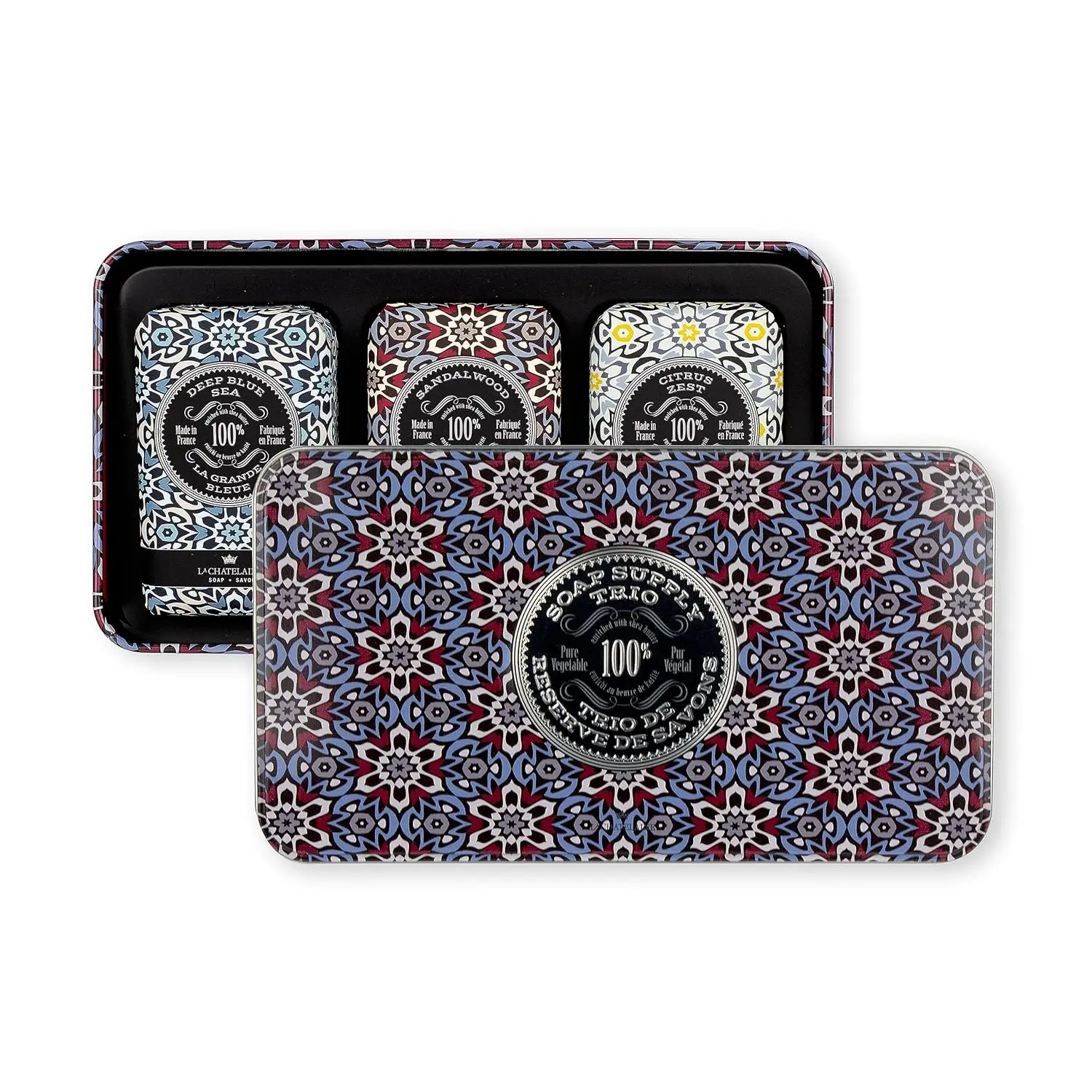 

Набор из трех французских мыл люкс-класса в жестяной упаковке, натуральная органическая формула с маслом ши, 3 бруска по 250 г каждый