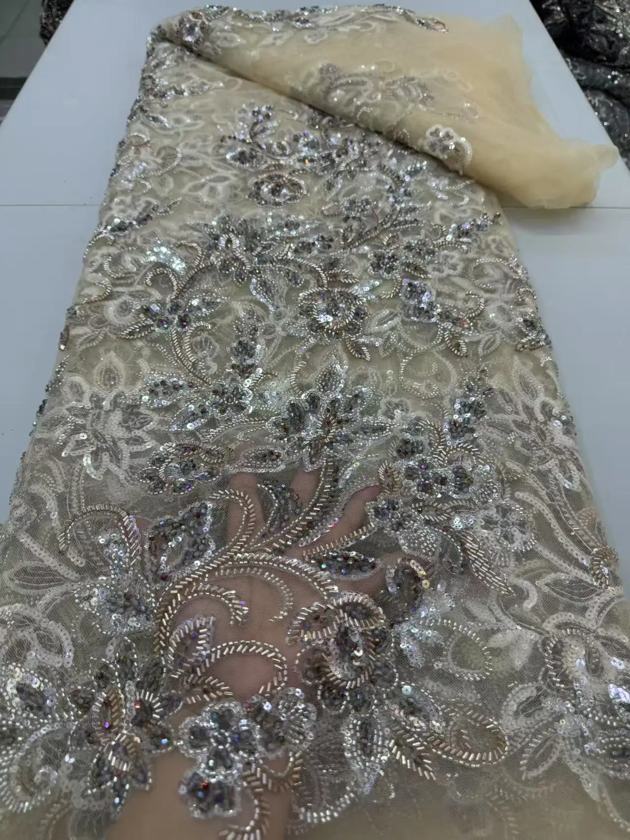 

2025 Latest High Quality African Nigerian With Tulle Sewing Lace Fabric Guipure Embroidery Dresses Sequins 5Yards JY454