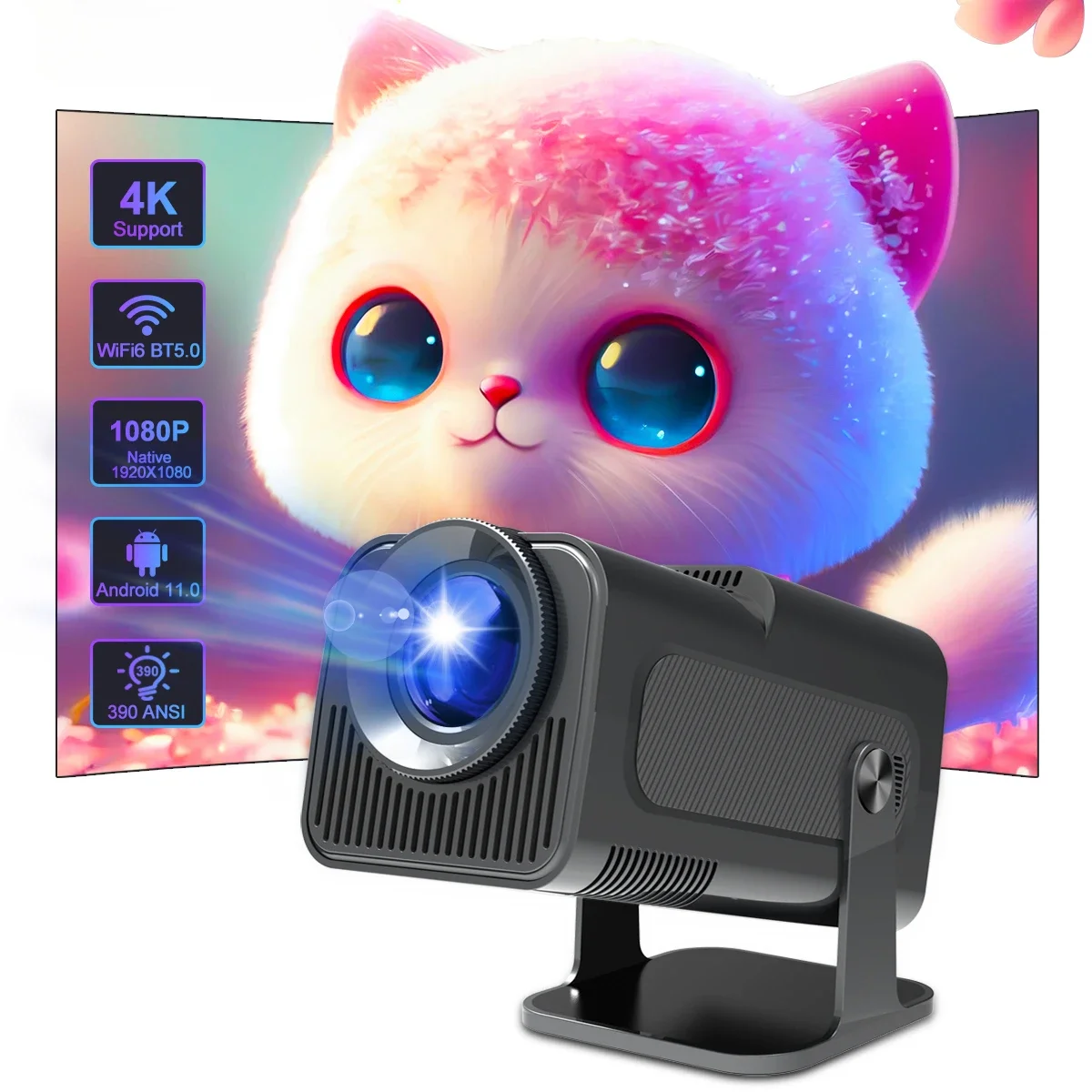 Transpeed Android11 Projector 1920*1080P 4K Wifi6 390ANSI AllwinnerH713 180° flexible BT5.0 Home Cinema Projetor Upgrated HY300