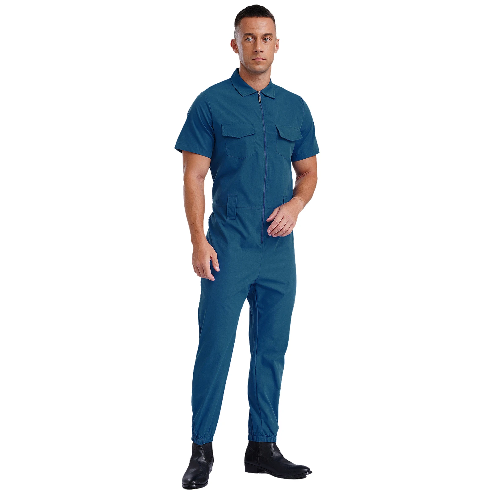 Mens Work Jumpsuit Zip-Front Coverall Casual Overalls Work Wear Rompers Full Leotard with Pockets for Factory Workshop Uniform