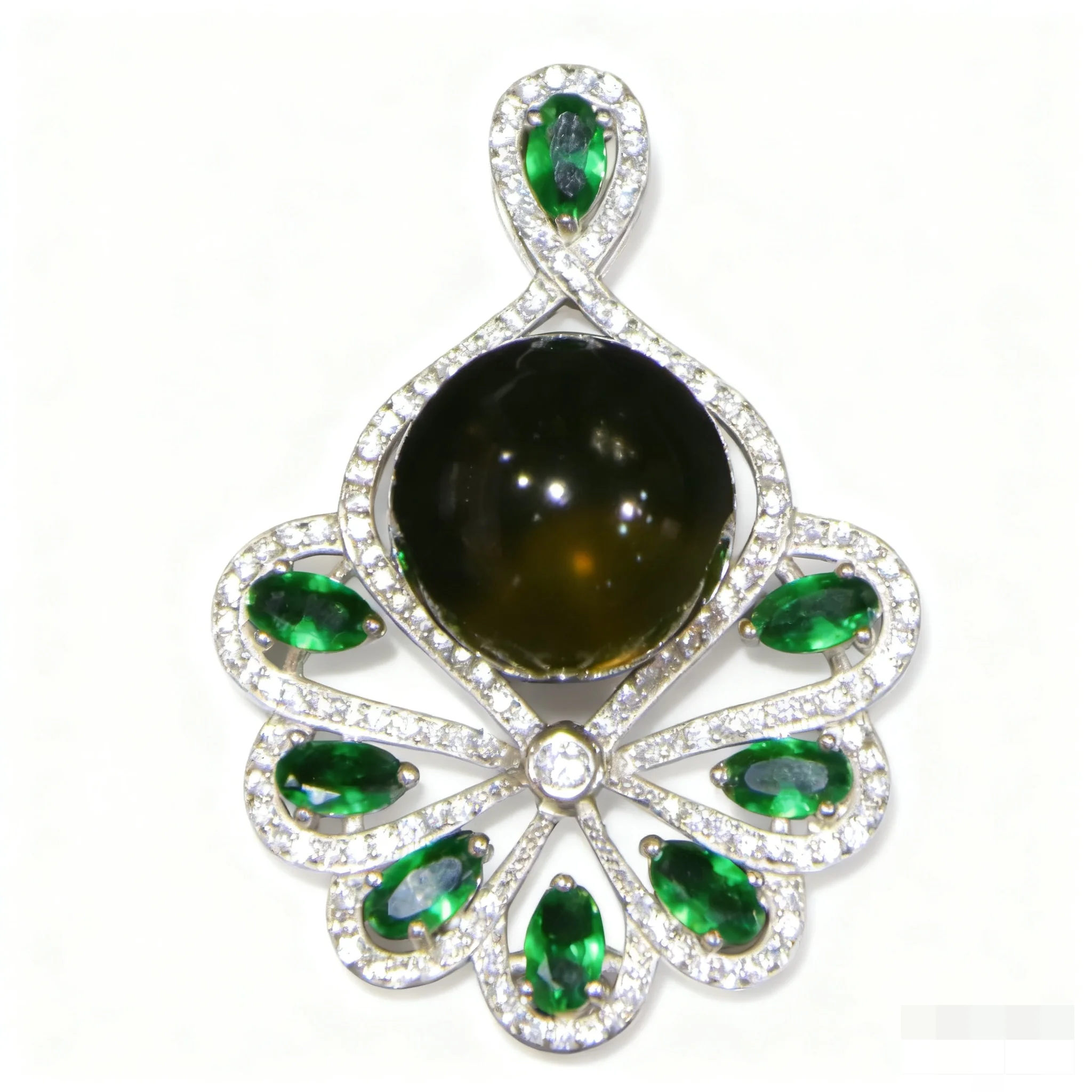 Pure Silver Necklace with Natural Mexican Blue Amber Pendant 13mm Surrounded by Green Gemstones on Sterling Silver Chain