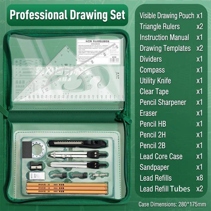 1 Set Precision CAD Design Set Premium Engineering Drafting ncludes Compass, Protractor, Straightedge, Parallel Bar,crtz