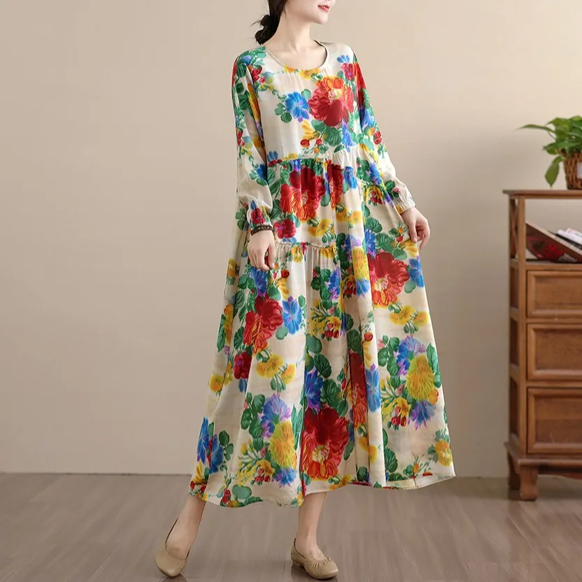 กระโปรงทรงเอผ้าลินินผสมคอตตอนพิมพ์ลายดอกไม้เอวสูงสำหรับผู้หญิง สไตล์ลำลอง ใส่สบาย เหมาะสำหรับฤดูใบไม้ผลิและฤดูใบไม้ร่วง ช่วยพรางหุ่น ใส่ไปทำงานได้