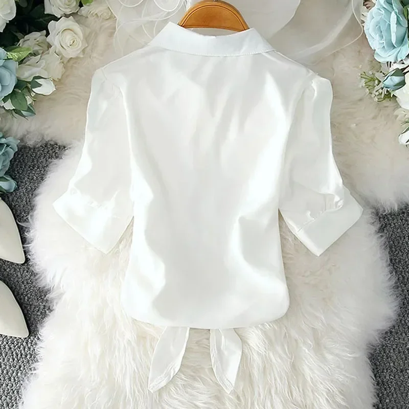 New Summer Casual Women\'s Shirt 2024 Shawl White Buttoned Up Blouse Women Cotton Woman Tops Elegant Lady Tunics Clothes 19870