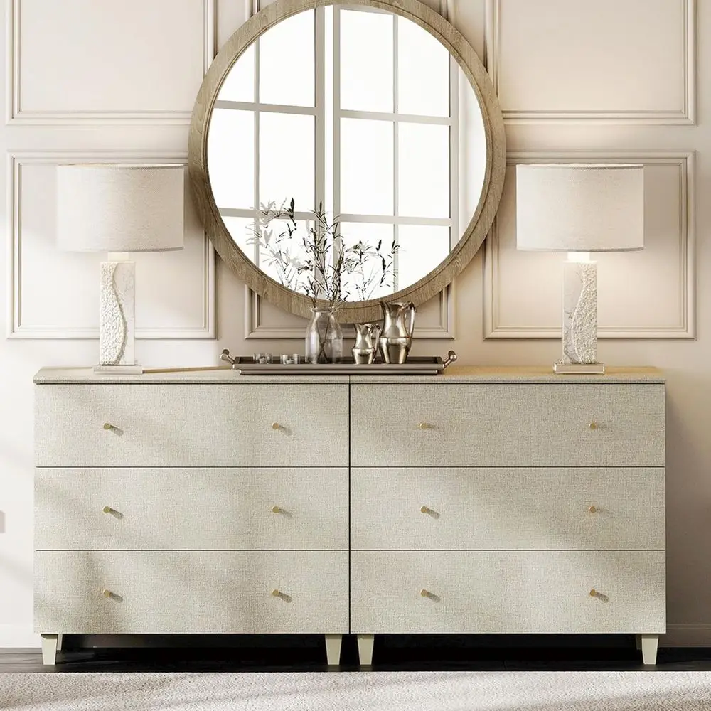 

Wide 70.8 Wooden Chest with 6 Drawers for Bedroom, Living Room, and Nursery - Beige Solid Wood Storage Organizer