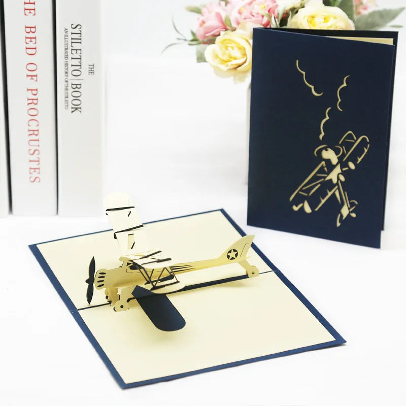 

1PC Retro Blue Style 3D Paper Foldable Airplane Shape Greeting Cards Christmas NewYear Birthday Invitation Gift Party Supply