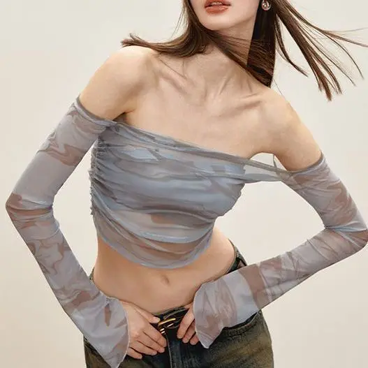 Sexy Slim Mesh Slash Neck T-shirt Tie Dye Crop Flare Long Sleeve Korean Version Sunscreen Cover Shirt Short American Top