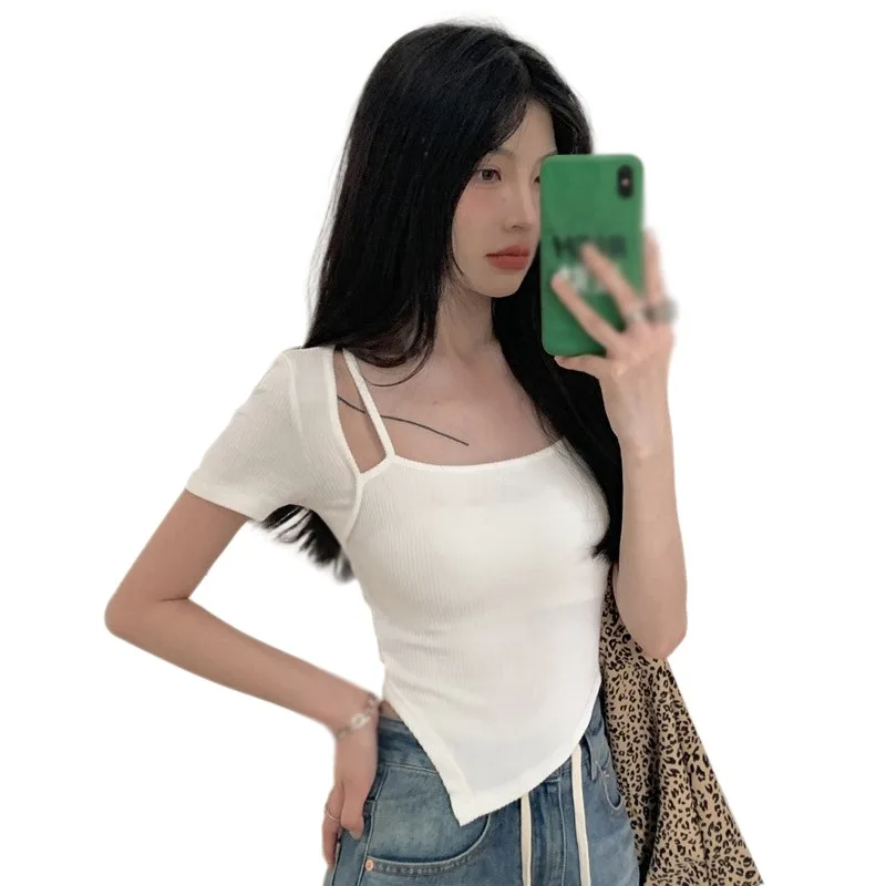 Women's Square Neck Top Irregular Hem Short Sleeve T-Shirt Solid Color Slim Top