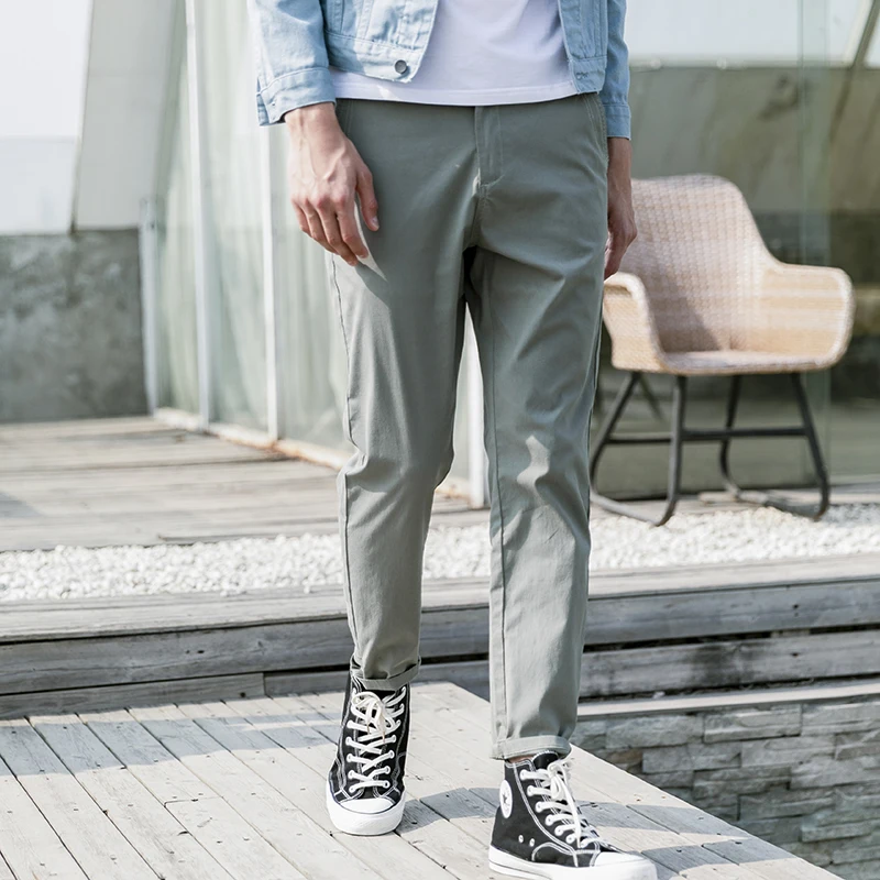 OUSSYU Spring Summer New Casual Pants Men Cotton Slim Fit Chinos Ankle-Length Pants Fashion Trousers Male Brand Clothing 28-38