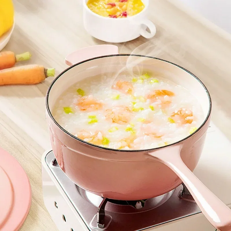 18cm Pink Cooking Pots Home Enamel Soup Pot with Single Handle Design Versatile and Practical Utensils for Kitchen