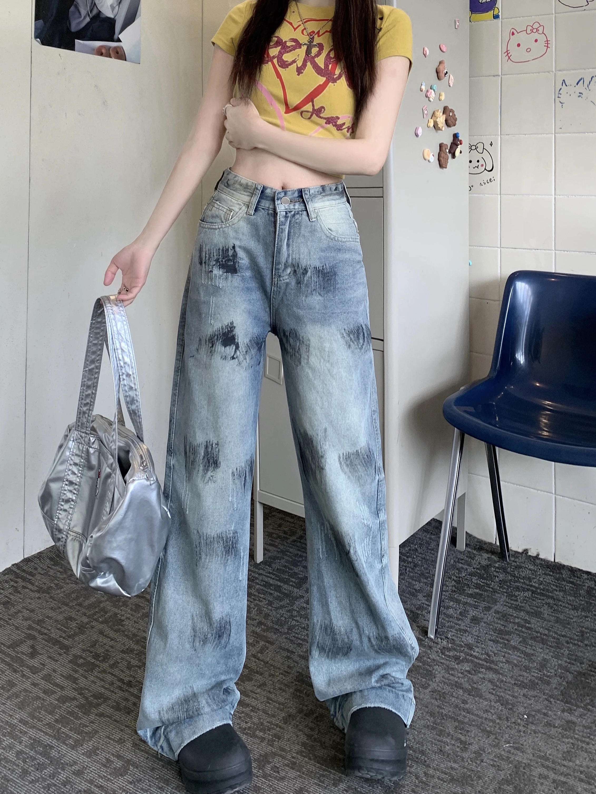 Tie Dye Colorblock Dot Print gamba dritta Jeans blu donna Denim Pant boyfriend casual 2024 Harajuku Streetwear