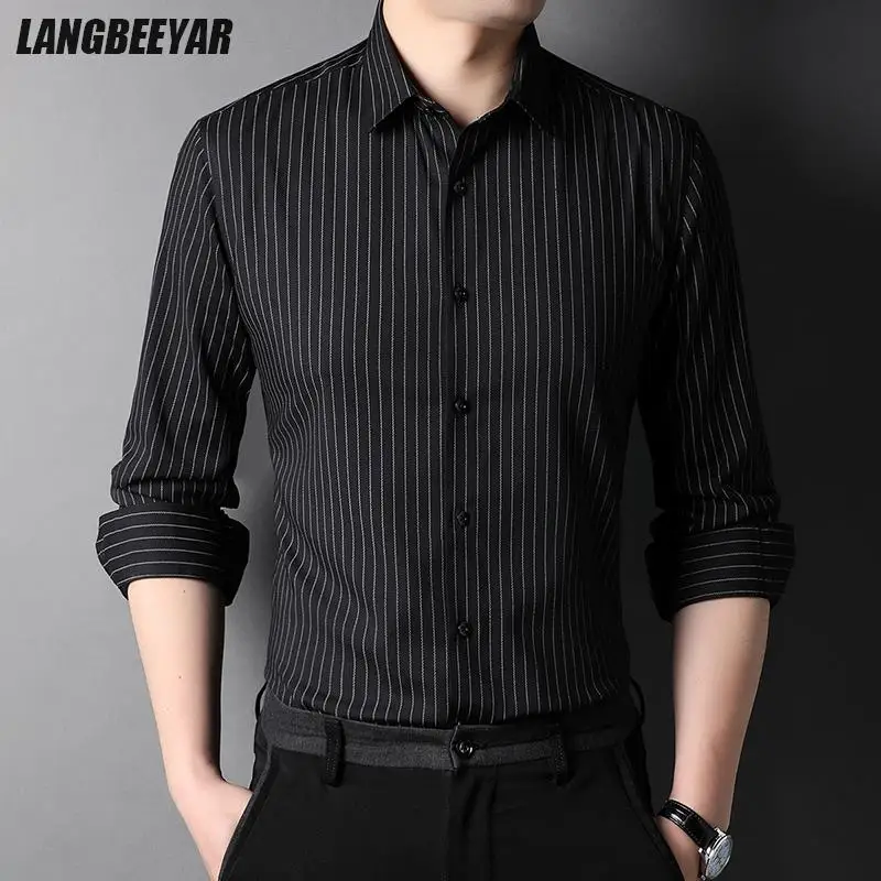 

Top Grade New Fashion Brand Designer Slim Fit Vertical Stripes With Cufflinks Mens Shirts Casual Long Sleeve Men Clothing