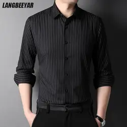 Top Grade New Fashion Brand Designer Slim Fit Vertical Stripes With Cufflinks Mens Shirts Casual Long Sleeve Men Clothing