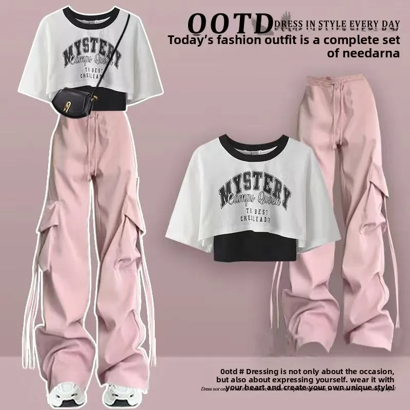 

Милая крутая футболка с широкими брюками и высокой талией, женская летняя модная корейская футболка Sle ort Sve round Ne