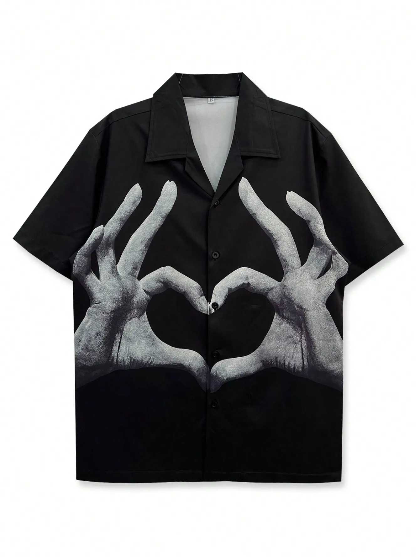 

Men's Black Short Sleeve Button-Up Shirt with Graphic Hand Heart Print, Casual Beach Style