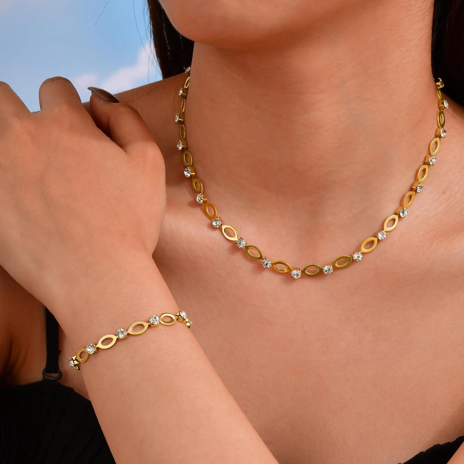 Ovale Glieder-Zirkonia-Halskette, Edelstahl-Ketten-Choker-Halsketten für Damen, Party-Schmuck
