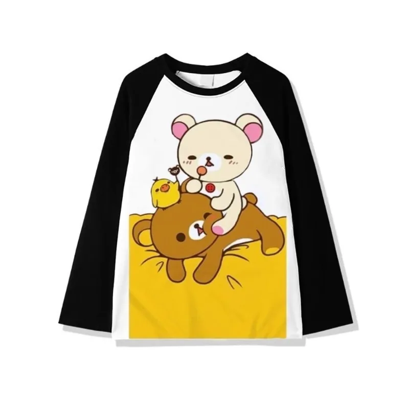 

Japanese Subculture Kawaii Student T-shirt Cute Rilakkuma Printed Long Sleeve T Shirt Women's Loose Casual Patchwork Tops