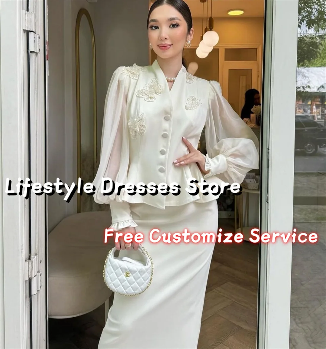 Customized Ivory Buttons Butterfly Appliques Prom Dress Long Sleeves Straight Formal Dresses Wedding Guest 2024 Party Gown