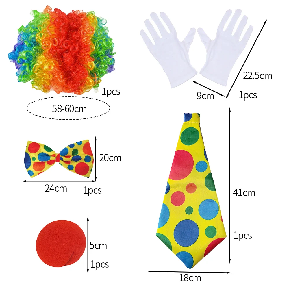 PESENAR zabawny kostium klauna na przyjęcie do czapki-peruka klauna, gigantyczny krawat, muszka, rękawiczki i nos klauna-akcesoria klauna