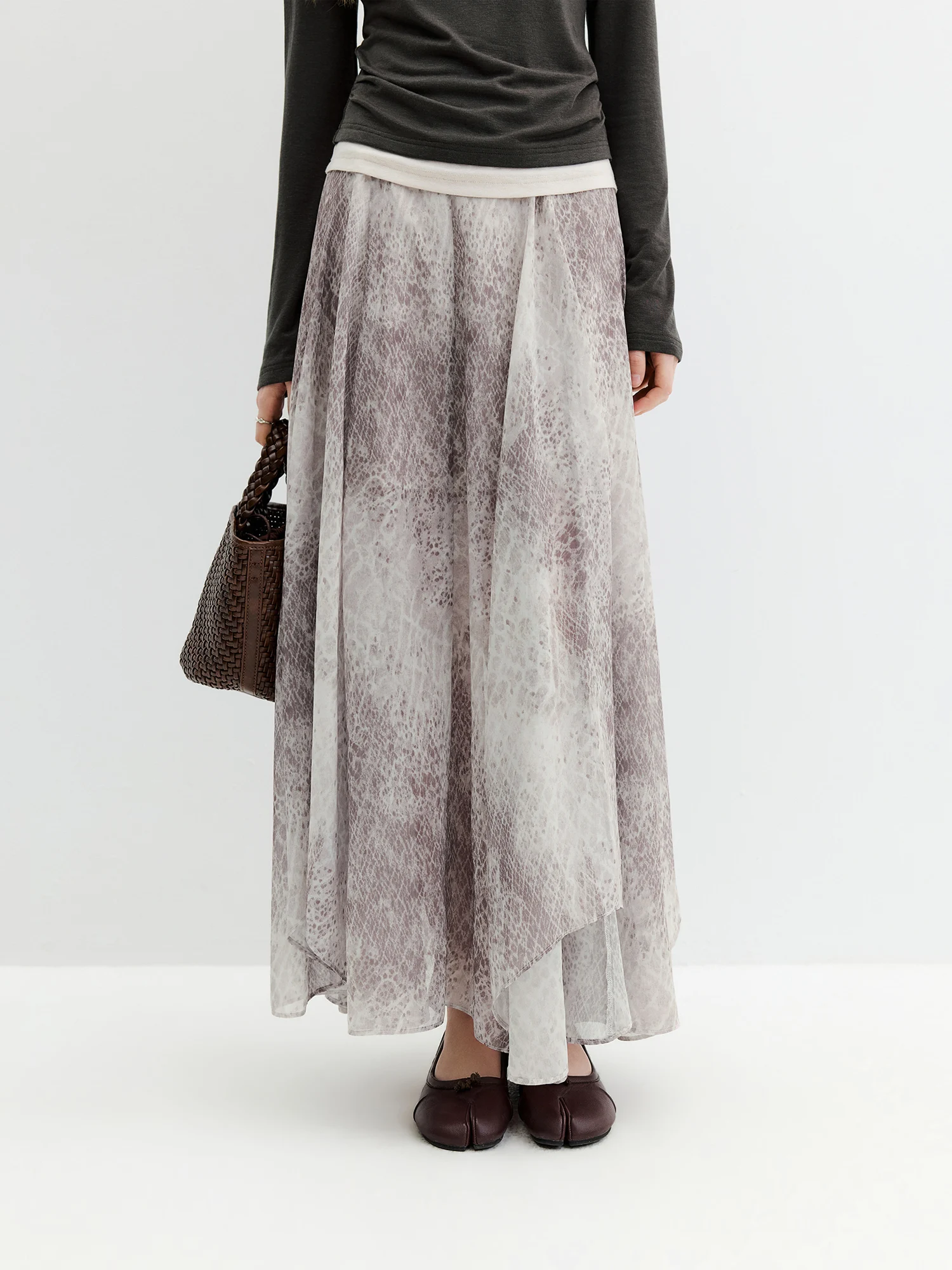 FSLE Irregular Snakeskin Pattern Chiffon Print Midi Skirt Women's Autumn 2026 New Style A-line Long Skirt Hot Girls Streetwear