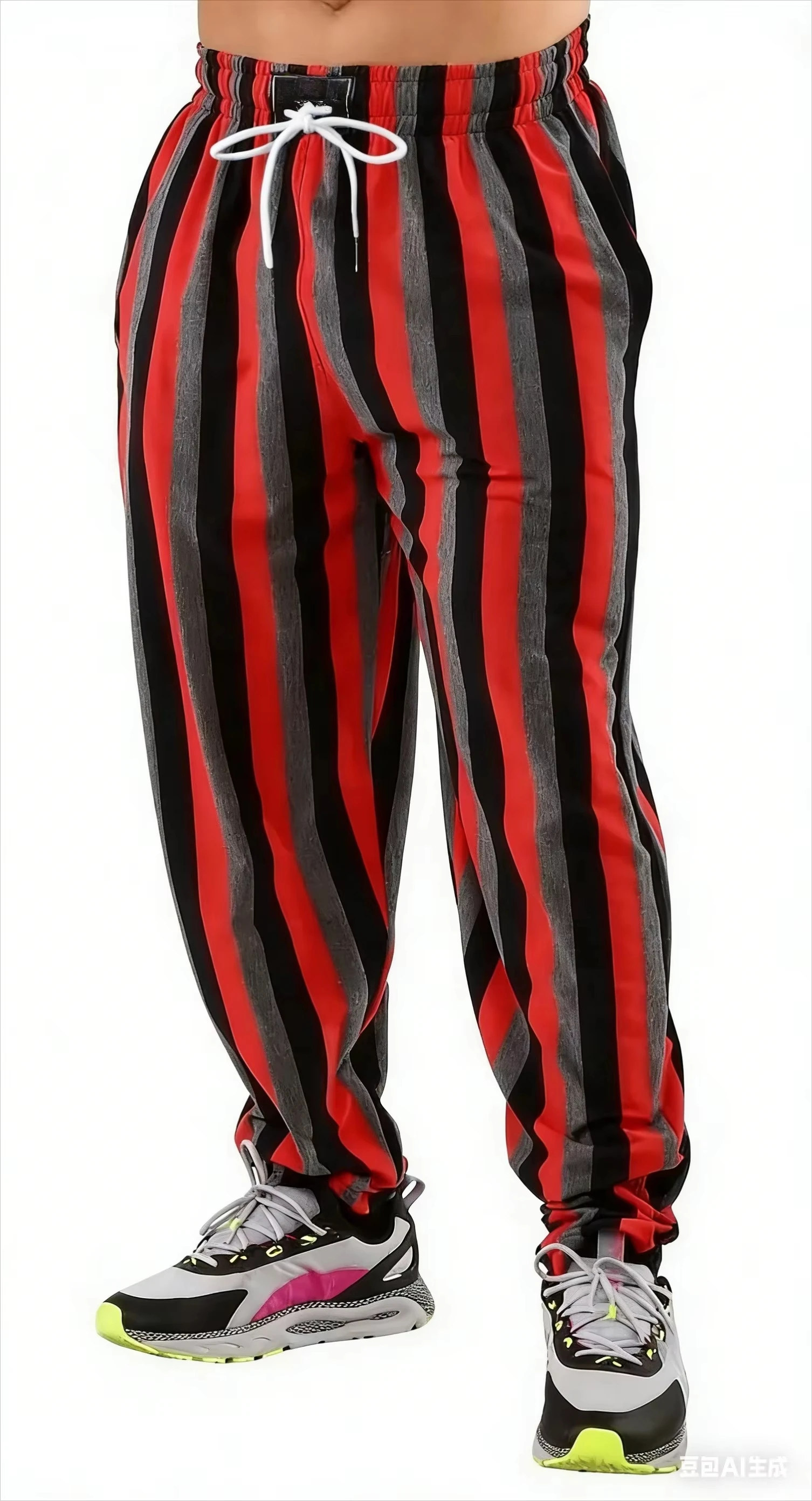 Men Vertical Striped Jogger Pants Black White Elastic Waist White Drawstring Loose Fit Daily Casual Lightweight Long Trousers