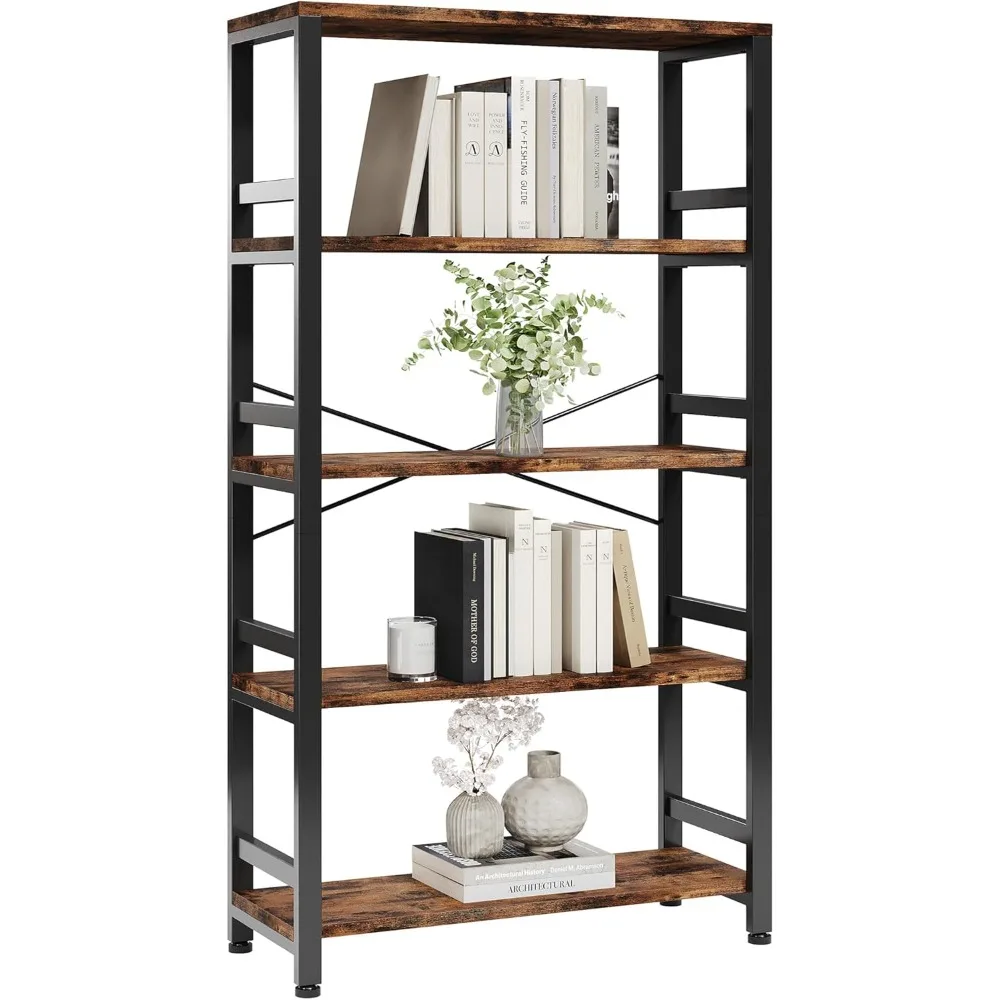 Bookshelves and Bookcases, 31.5in Wide Shelf 5-Tier Ladder Shelf 110lbs/shelf Vintage Industrial Style Bookcase