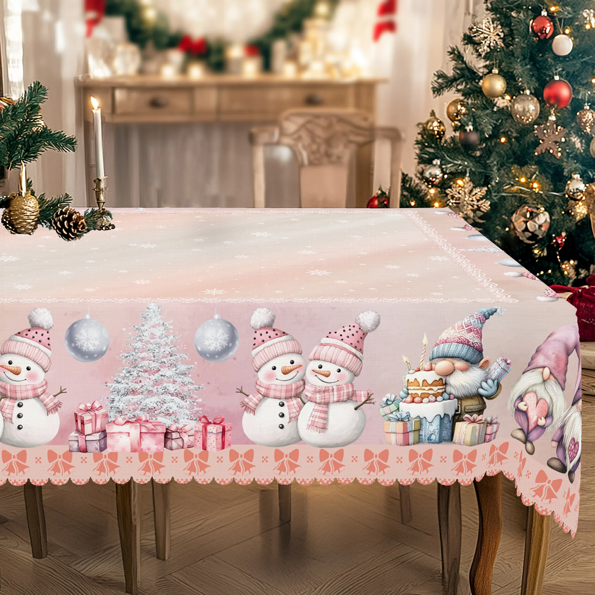 1-delig rond en rechthoekig tafelkleed met kerstthema, verkrijgbaar in verschillende maten, met kerstroze sneeuwpoppen en bosprintpatronen, sneeuwvloktafelkleed geschikt voor dagelijks gebruik in de keuken, terras en een nieuwjaarscadeau