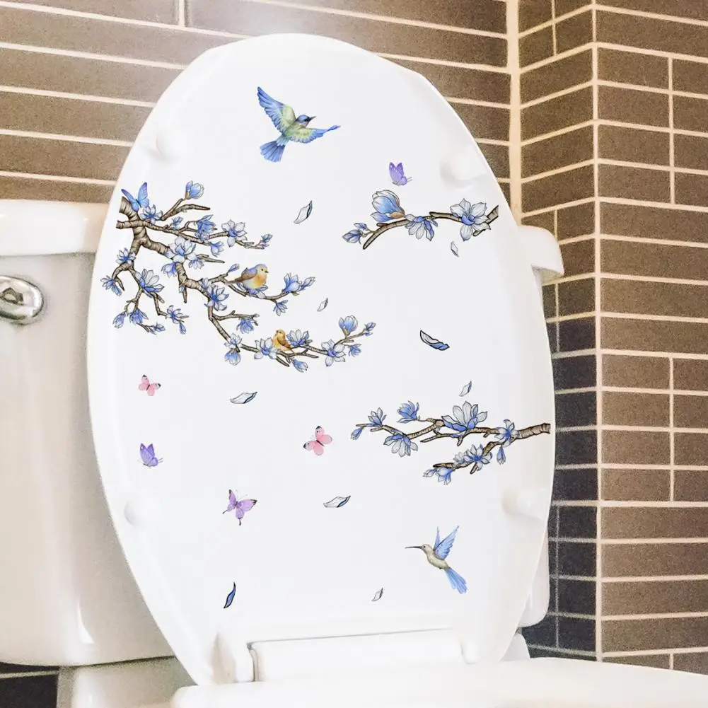 Calcomanía de Pvc impermeable para inodoro, pegatinas de pared de flores, mariposas y pájaros, calcomanías artísticas de vinilo para baño, azulejos de cerámica, tapa de inodoro
