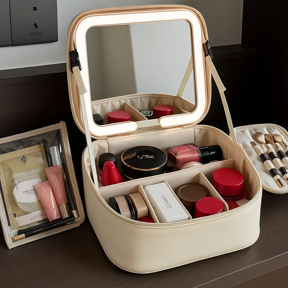 Makeup Bag With LED Mirror Large Capacity Travel Portable With Toilet Storage Bag and Mirror Women's Makeup Bag Organizer image 4