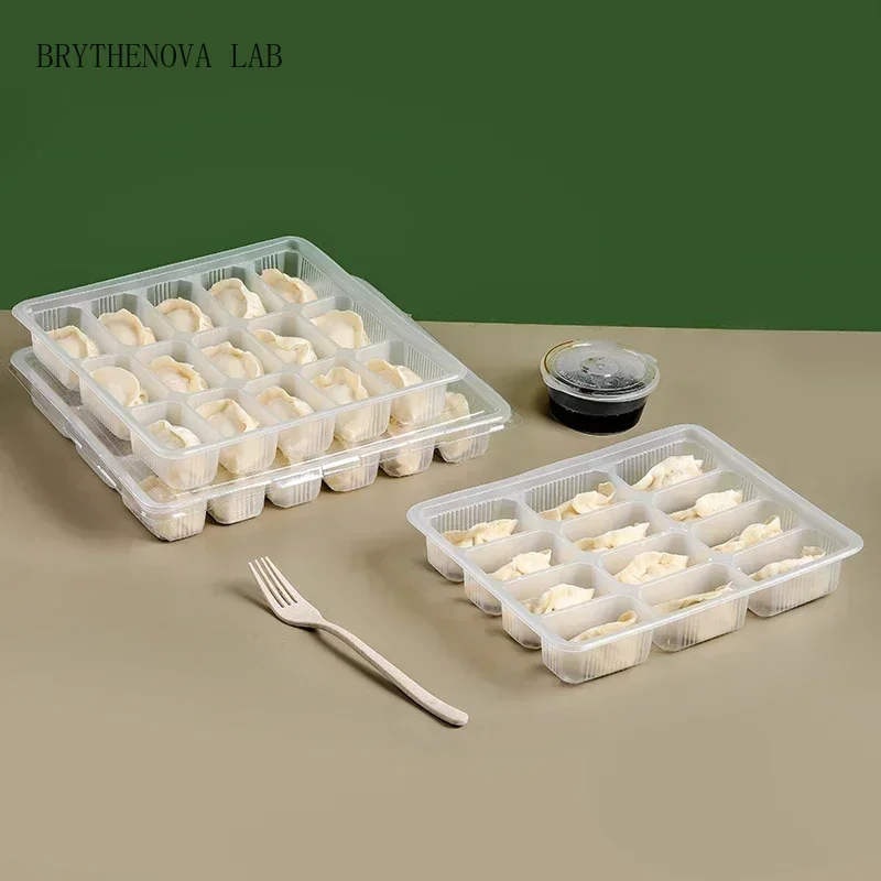 50pcs Disposable Transparent Dumpling Tray with Lid Grid Quick Wonton Frozen Packing Box PP Food Grade Takeaway Storage Boxes