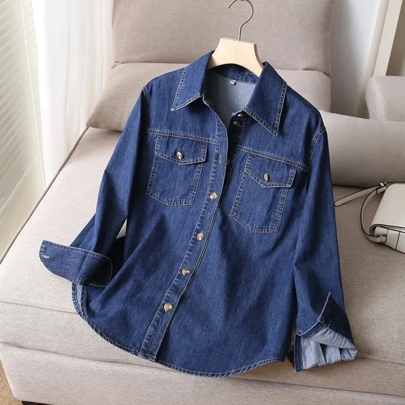 Fashion Women Denim Solid Single Breasted Blouse Vintage Lapel Neck Long Sleeve Female Chic Lady Shirts With Pockets