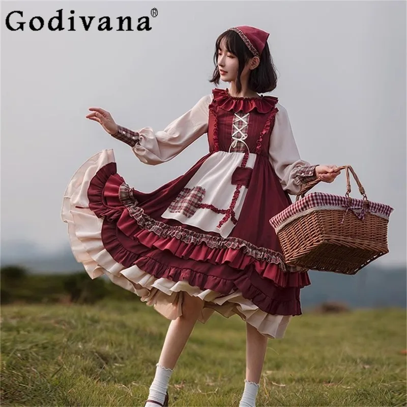 

Women's Daily Wear Lolita Princess Dress Set Autumn Retro High Street Red Dress Suits Female Japanese Style Sweet Outfits