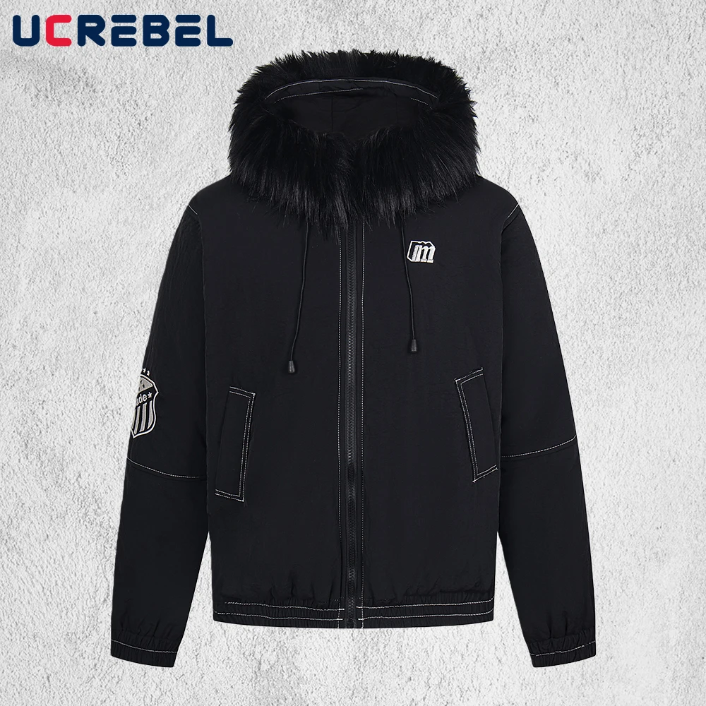 

Стеганая куртка с вышивкой букв, мужская карманная зимняя толстая уличная стеганая куртка с меховым воротником и капюшоном, мужская