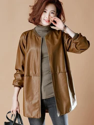 Chaqueta de cuero de longitud media para mujer, uniforme de béisbol de PU, abrigo holgado y adelgazante de piel sintética para viaje, primavera y otoño, 2023