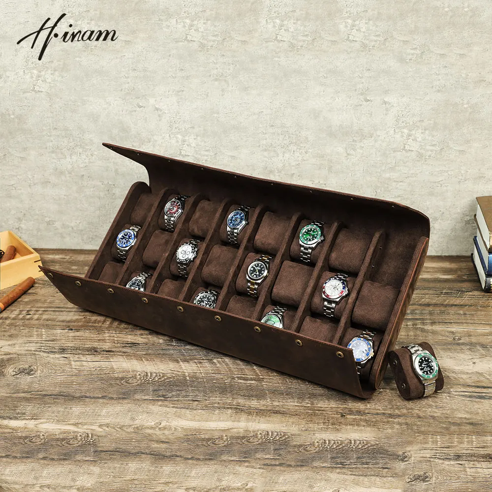 Luxury Genuine Leather Vintage 24 Slots Watches Box Business Trip Storage Organizer Bracket Holder Display Jewelry Case Gift Box