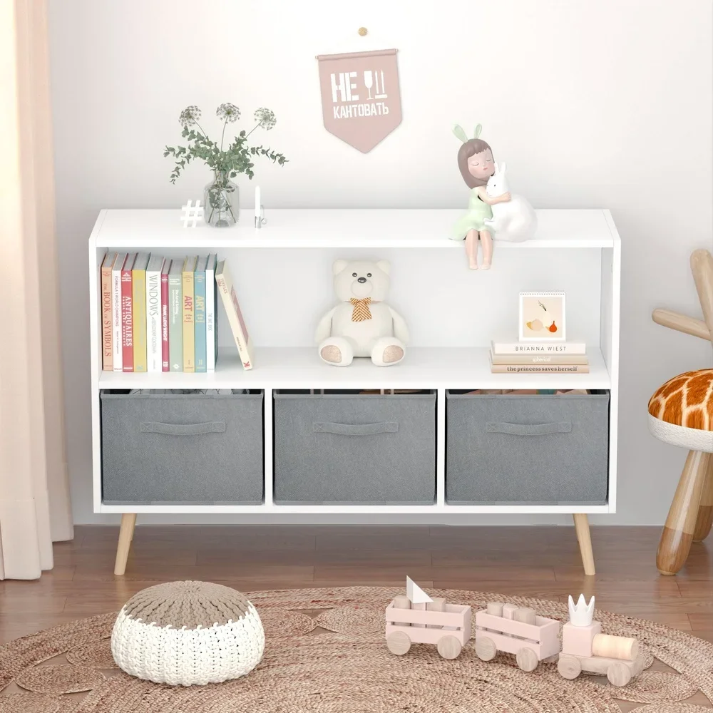 

Kids Bookcase with Fabric Drawers Toy Storage Organizer Children's Display Cabinet Modern MDF Home Furniture Safe Design