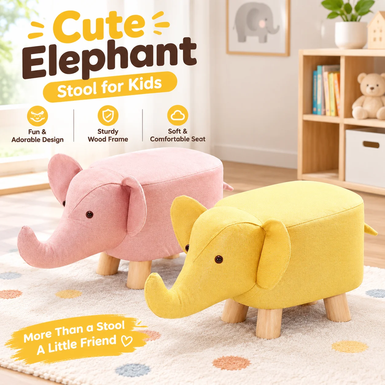 Cartoon Elephant Stool for Kids Solid Wood Frame Soft Fabric Seat Multifunctional Animal Shoe Changing Stool