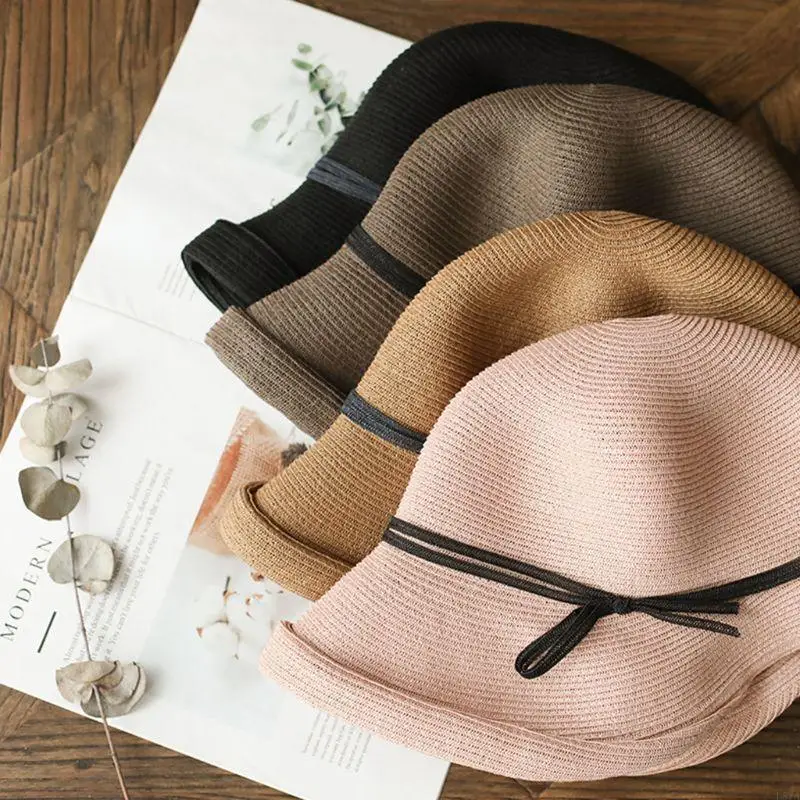 L5YA النساء هيبورن خمر المنسوجة لقبعة الشمس أنيقة التباين اللون Bowknot قصيرة نشمر حافة طوي الصيف غطاء دلو