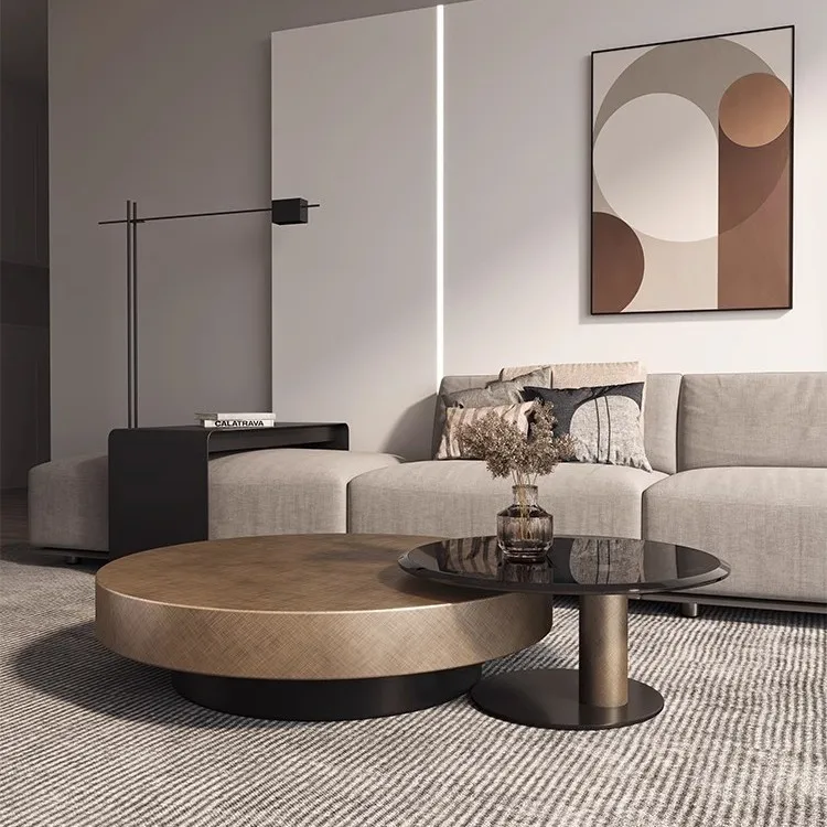Light Luxury Stainless Steel Size Round Coffee Table Combination Designer Simple Small Apartment Household Living Room Bronze Co