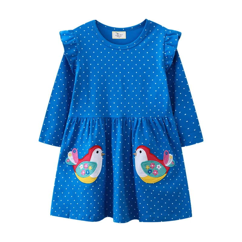 

Jumping Meters 2-7T Birds Autumn Spring Girls Dresses Dots Children's School Embroidery Long Sleeve Birthday Gifts Kids Dress