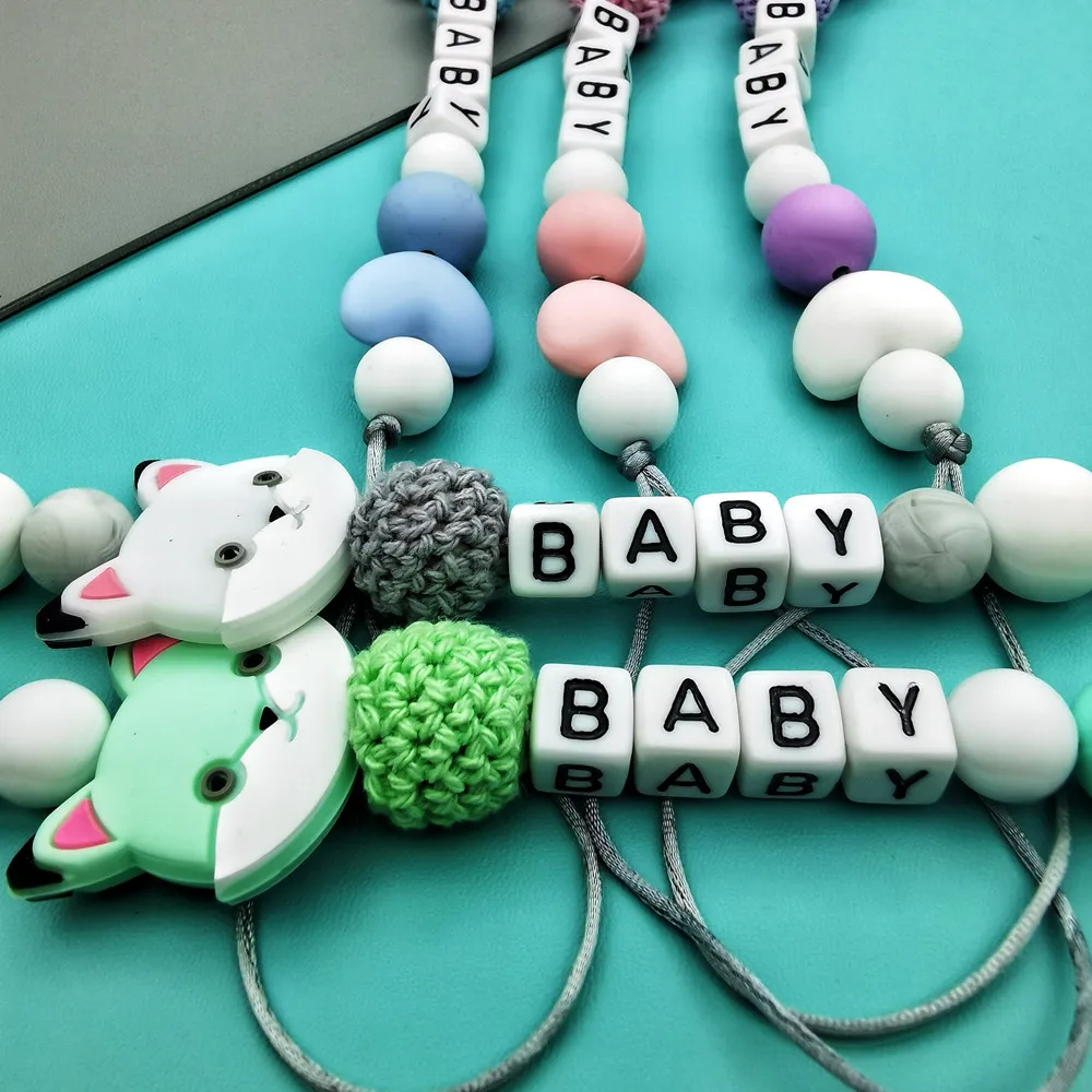 Custom English Russian Letters Name Baby Silicone Cat Pacifier Clips Chains Teether Pendants Baby Pacifier Kawaii Teether Gifts