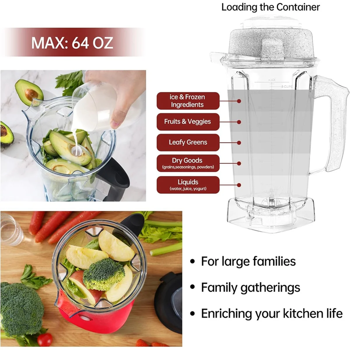 New Upgrade for Blender Pitcher 64oz Container, Replace 5200 5000 6500 7500 Pro500 750 Etc Container Jar Cup