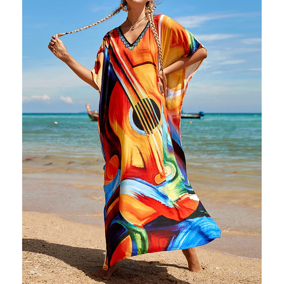 2026 Neues Buntes Kaftan-Tunika Strandkleid Strandmode Strandüberwurf Locker Sitzendes Maxikleid für Damen V4428 – Detail 13