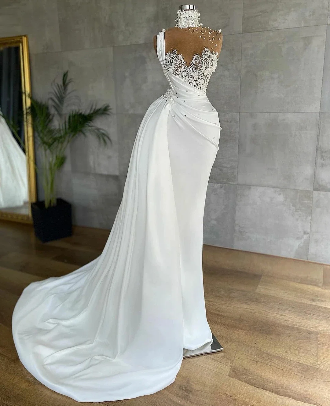 Customized High Neck See Through Beads  Appliques Wedding Dress Vestido De Noiva Full Sleeve Country Bridal  Gown with OverSkirt