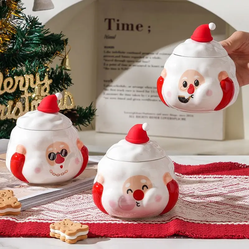 

Christmas Ceramic Cup with Lid, Spoon Large Capacity Cartoon Santa Claus Water Cup, Breakfast Coffee Cup 430ml
