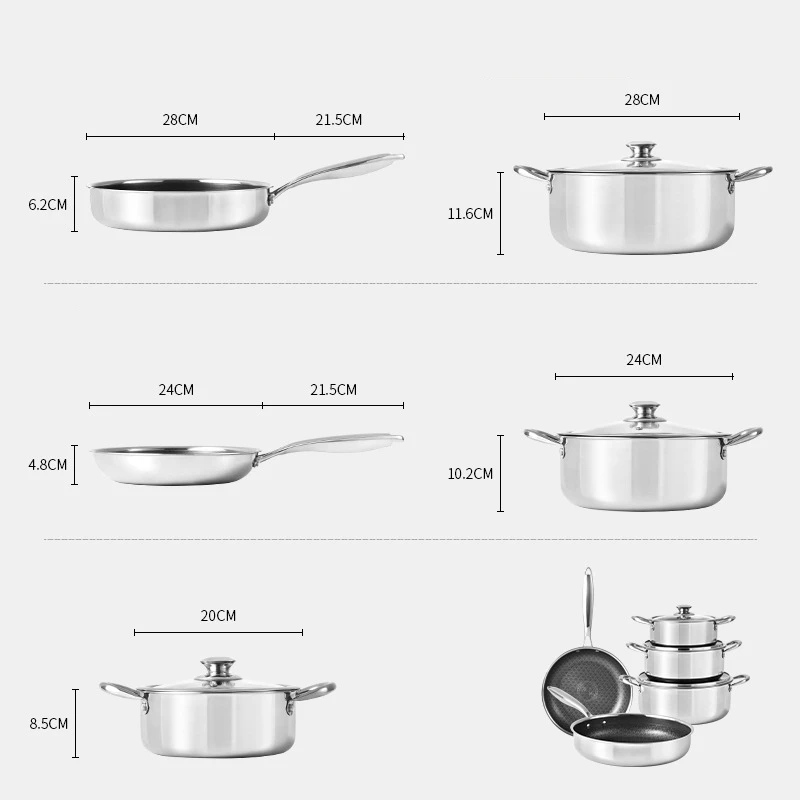 316 Stainless Steel Diamond Pattern Honeycomb Bottom Cookware Set Non-stick Frying Pan Soup Pot Set with Glass Lid