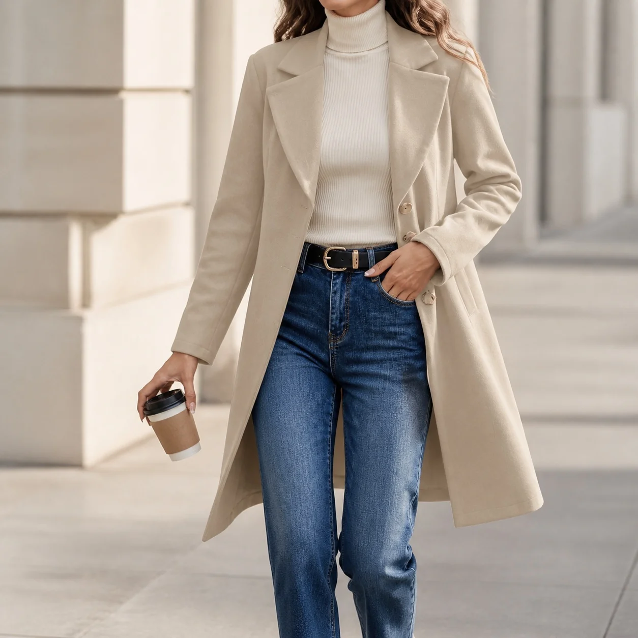Women's Winter Female Jacket Coat Medium Weight V Neck Long Sleeve Three Button Solid Color Waist Cinched Knee Length Outerwear