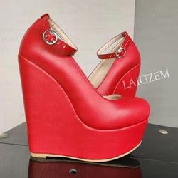 BERZIMER Women Pumps Platform Wedges Round Toe Sandals Faux Leather Height Increase Ladies Shoes Woman Large Size 38 41 43 45 48