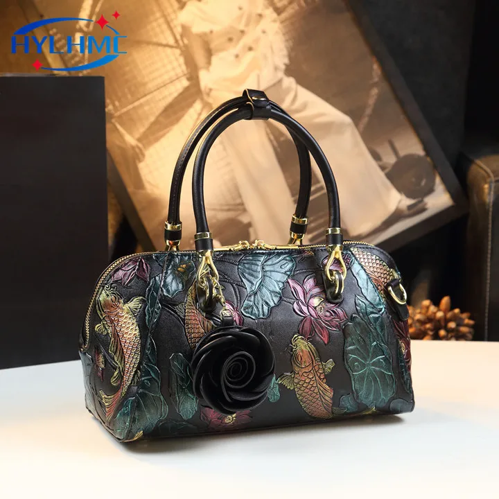 

Retro Genuine Leather Women's Handbags Shoulder Crossbody Bag Embossed Flowers Large Capacity Mom Portable Pillow Bags 2023 New